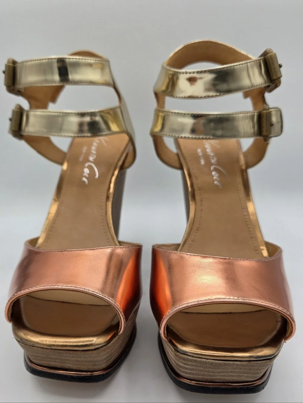 Kenneth‎ Cole Metallic Platform Wedge Sandals Gold Copper Leather 9